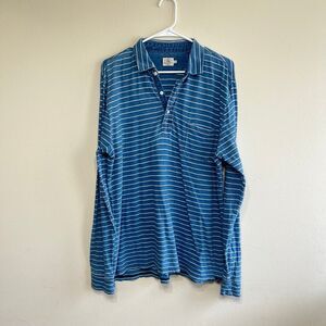 Faherty Mens Striped Long Sleeve Pocket Cotton Collared Polo Shirt Blue Large